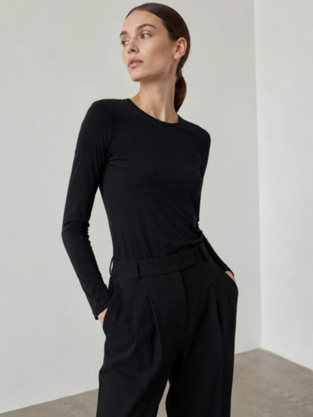 Eileen Fisher Silk Long Sleeve Top In Black Size Large